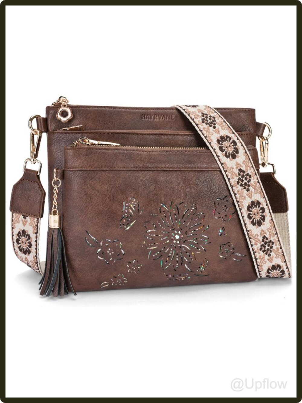 Women's Faux Leather Crossbody Bag Sunflower Cut Out Multi Pocket Wide Strap